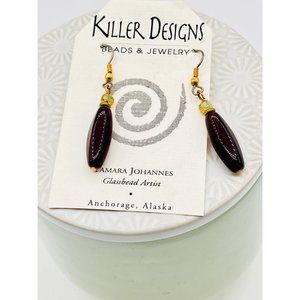 Killer Designs | Brown-Red Glass Bead Dangle Drop Earrings | NEW